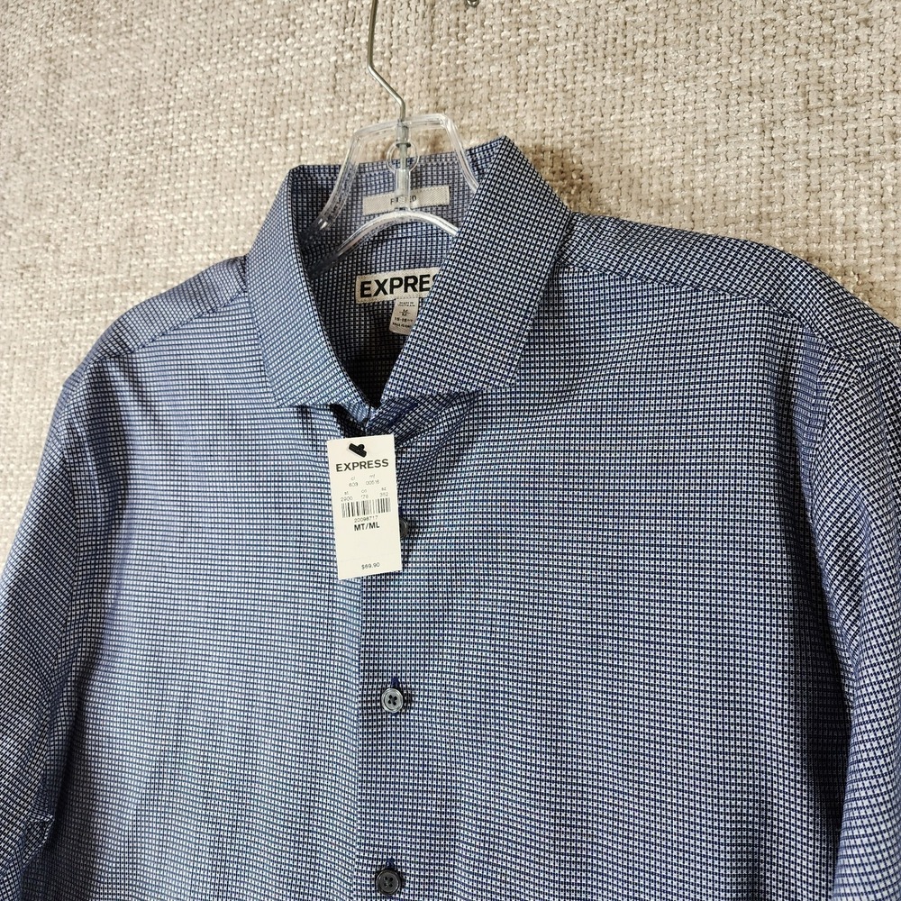 Express Fitted Microplaid Dress Shirt Mens MT Tall Navy White Long Sleeve NWT - Picture 2 of 13